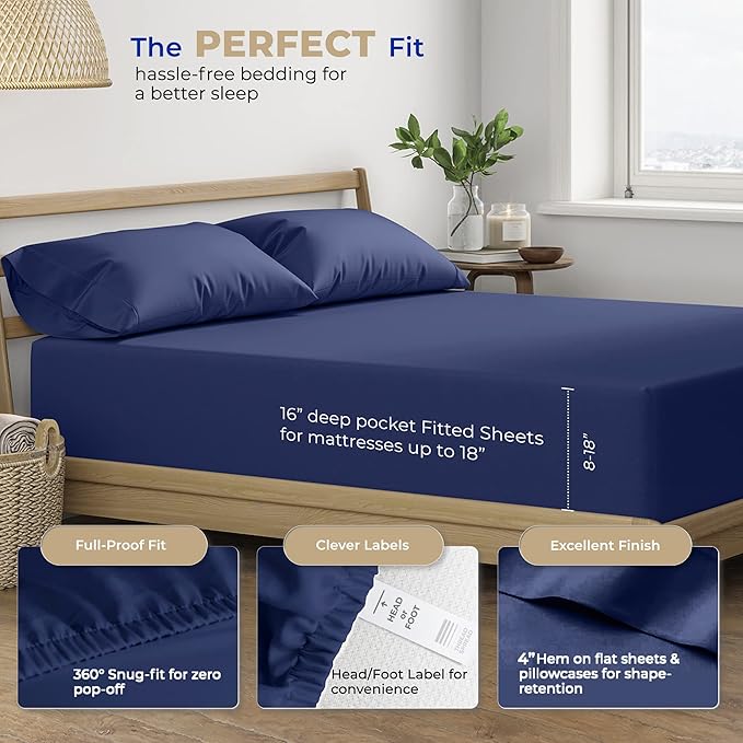 THREAD SPREAD 100% Cotton Sheets Twin Size - 400 Thread Count Cotton Bed Sheets Twin, 3 PC Set (Navy Blue), Luxury Soft, Breathable, Cooling, Sateen Weave 16" Deep Pocket Bedsheet for Dorm Rooms