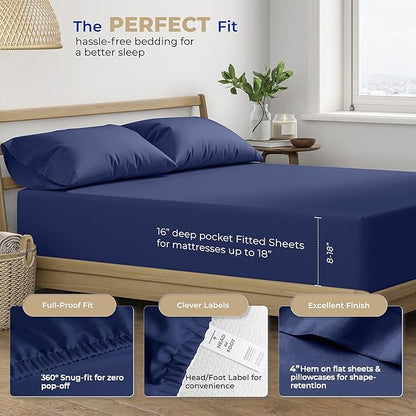 THREAD SPREAD Twin XL Sheet Sets Cotton - 400 Thread Count 100% Cotton XL Twin Sheets, 3 PC (Navy Blue), Luxury Soft, Breathable, Cooling, Extra Large 16" Deep Pocket Sateen Bedsheet for Dorm Rooms