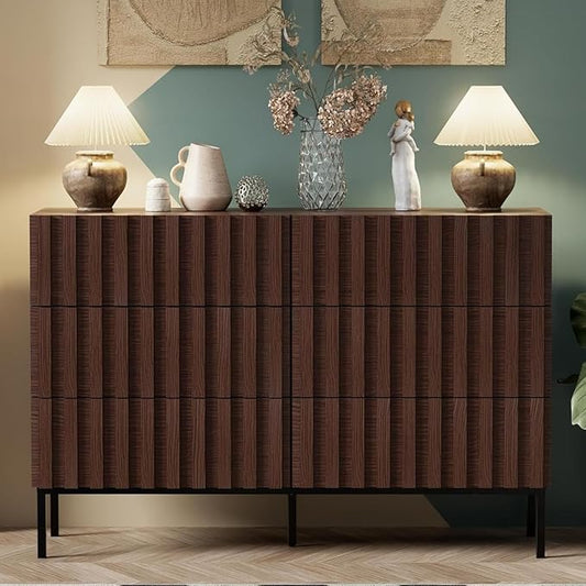 UEV Fluted Dresser for Bedroom with 6 Drawers, 47" Wide Large Chest of Drawers with Metal Stand, Mid-Century Wooden Dresser TV Stand, Closet Storage Organizer for Living Room, Hallway (Walnut)