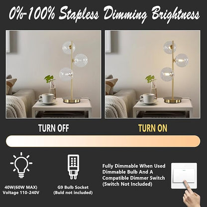 Glass Table lamp Gold,3-Globe Table lamp Tall,Reading Lamp for Bedroom Living Room Study Room