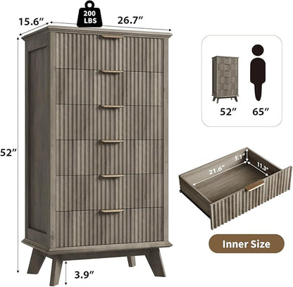 QUW Fluted 6 Drawer Dresser for Bedroom, Modern Tall Chest of Drawers with Metal Handle, Large Wood Storage Chest Organizer Accent Storage Cabinet for Living Room, Hallway, Entryway, Gray