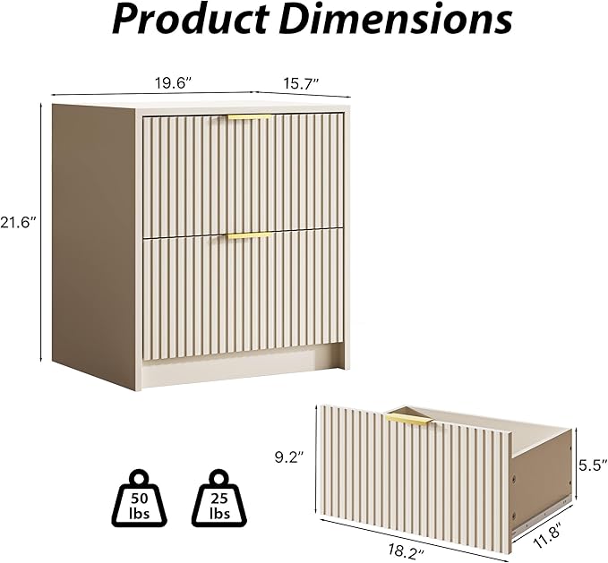 3-Piece Dresser Bedroom Set, 7 Drawer Dresser & 2 Drawer Nightstands with Gold Handles, Fluted Wood Chest of Drawers for Bedroom, Living Room, Entryway, Beige