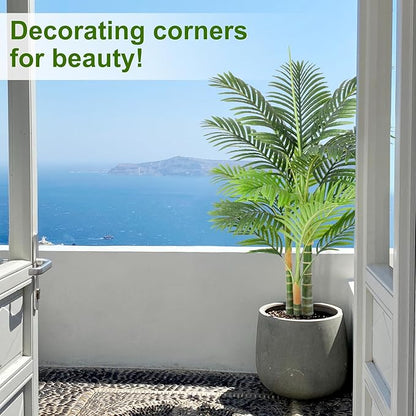 4ft Tall Triple Golden Cane Palm Artificial Tree 48" Large Tropical Palm Tree UV Resistant Fake Tree in Pot for Indoor Outdoor Big House Living Room Outside Patio Office Home Decor 2Pack