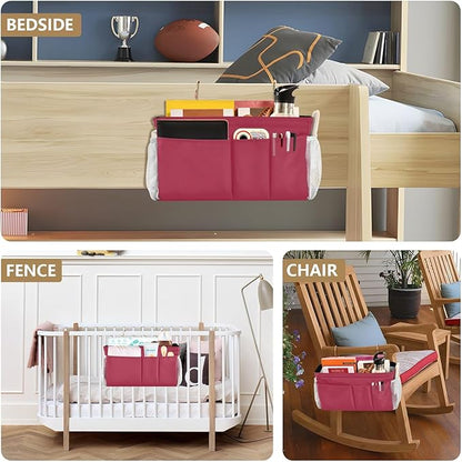 KOPIRIT Strawberry Red Bedside Caddy Storage Bag Bedside Organizer for College Dorm Top Bunk Bed Organizer Caddy Hanging Shelf 6 Pockets with Hooks for Glasses Book Tablet Holder