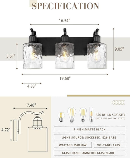 Bathroom Vanity Light Fixtures Over Mirror 3-Light Hammered Glass Wall Mounted Modern Black - VL01BKH-3