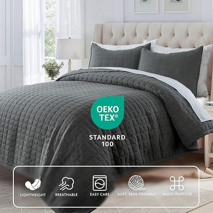 KASENTEX King XL Quilt Set 108"x98" – Soft Washed 3-Layer Lightweight Bedspread, Minimalist Nordic Design, All-Season Spring & Summer Quilt Set (1 Quilt + 2 Pillow Shams), Dark Grey