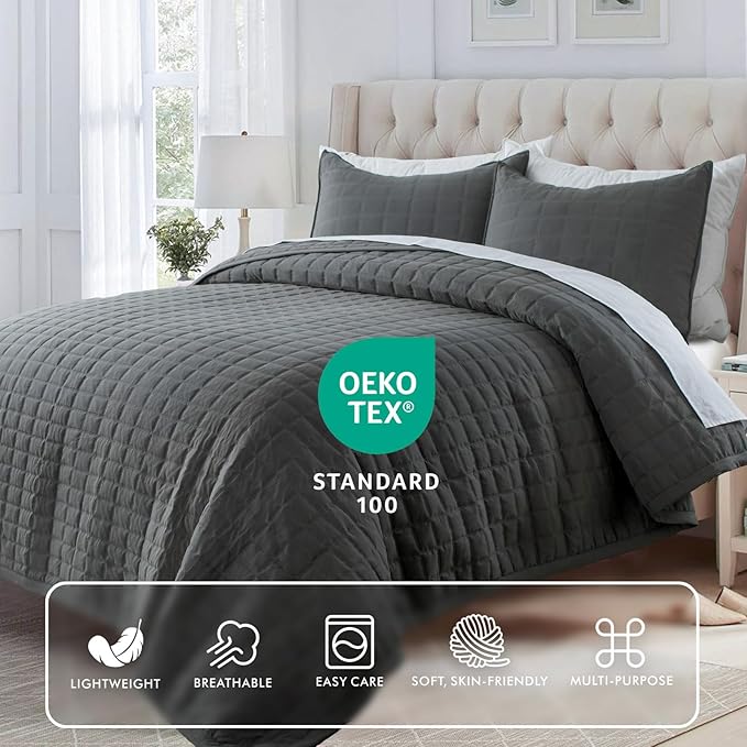 KASENTEX Oversized Queen Quilt Set 102"x106" – Soft Washed 3-Layer Lightweight Bedspread, Minimalist Nordic Design, All-Season Spring & Summer Quilt Set (1 Quilt + 2 Pillow Shams), Dark Grey