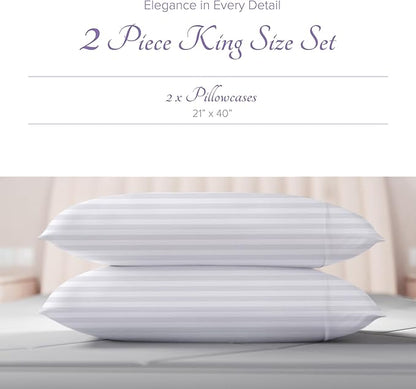 Carressa Linen 100% Egyptian Cotton King Size Pillow Cases Set of 2 - Luxury 600 Thread Count Stripe White King Pillowcases, Soft, Cooling Breathable Sateen Weave Hotel Quality Damask Pillow Cover