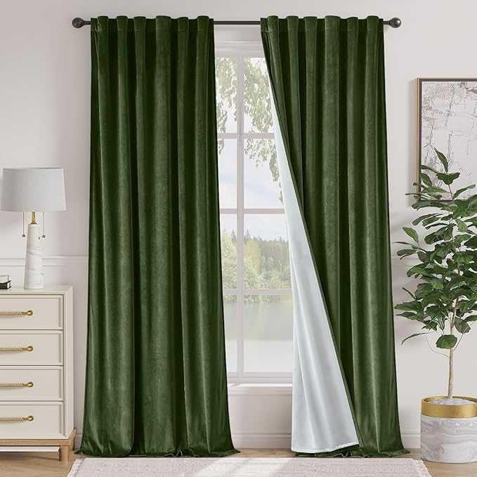 Lazzzy Velvet Green Curtains 108 Inches Long Black Out Thermal Insulated Room Darkening Curtain Drapes Luxury Back Tab Window Treatments for Bedroom Living Room 2 Panels, 52 x 108 Inch, Moss Green