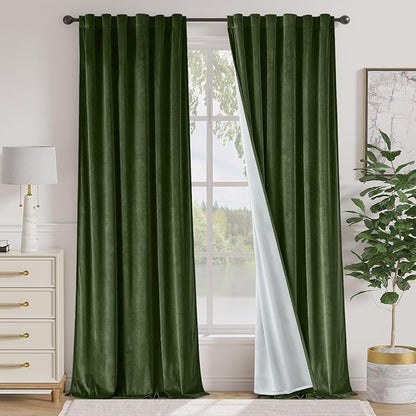 Lazzzy Velvet Green Curtains 108 Inches Long Black Out Thermal Insulated Room Darkening Curtain Drapes Luxury Back Tab Window Treatments for Bedroom Living Room 2 Panels, 52 x 108 Inch, Moss Green