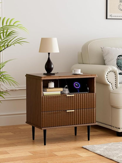 Nightstand with Charging Station, Wide Fluted Nightstand, Wood for Bedroom, Black Dresser with Storage Drawers, Bedside Table with Metal Handle & Leg (Walnut Set of 2, 23.3)