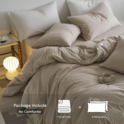 MooMee Striped Duvet Cover Set 100% Washed Cotton Linen Like Textured Breathable Durable Soft Comfy (Tannish Linen Grey White Wide Stripes, Queen 90"x90")
