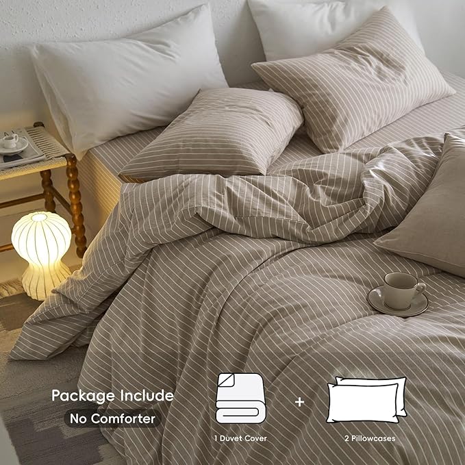 MooMee Striped Duvet Cover Set 100% Washed Cotton Linen Like Textured Breathable Durable Soft Comfy (Tannish Linen Grey White Wide Stripes, Oversized Queen 98"x98")