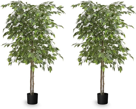 Maia Shop 2 Pack, 5ft Artificial Ficus Tree, Fake Plants for Home Decor, Natural Wood Trunk