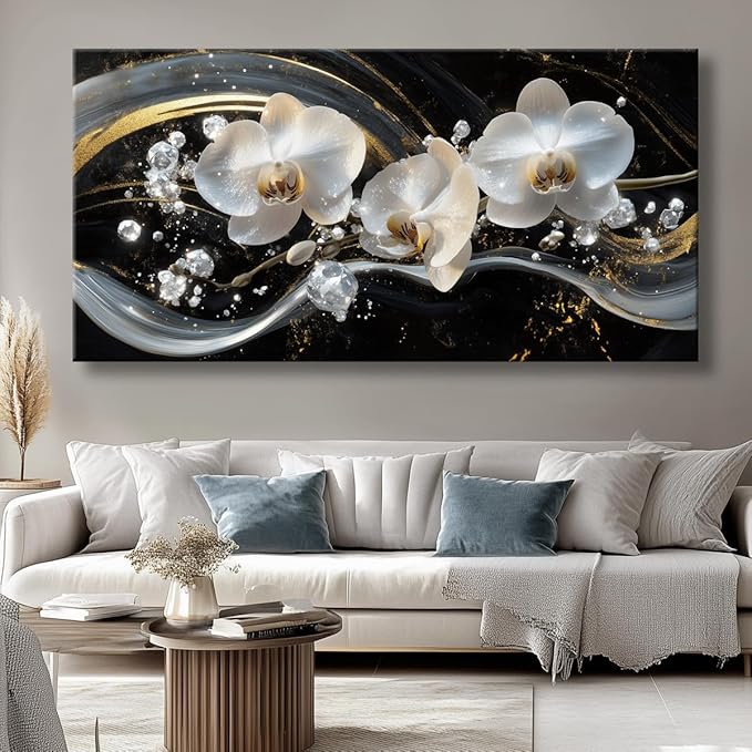 White Orchid Canvas Wall Art - Modern Floral Picture for Living Room, Bedroom Wall Decor, Framed Wall Art for Home Decoration, Elegant Flower Paintings Ready to Hang, Large Wall Art 50x100cm(20x40in)
