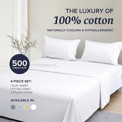 Beckham Hotel Collection Queen Sheet Set 100% Cotton, 500TC Luxury Sateen Bedding, 16” Deep Pocket, Moisture-Wicking, 4-Piece, White