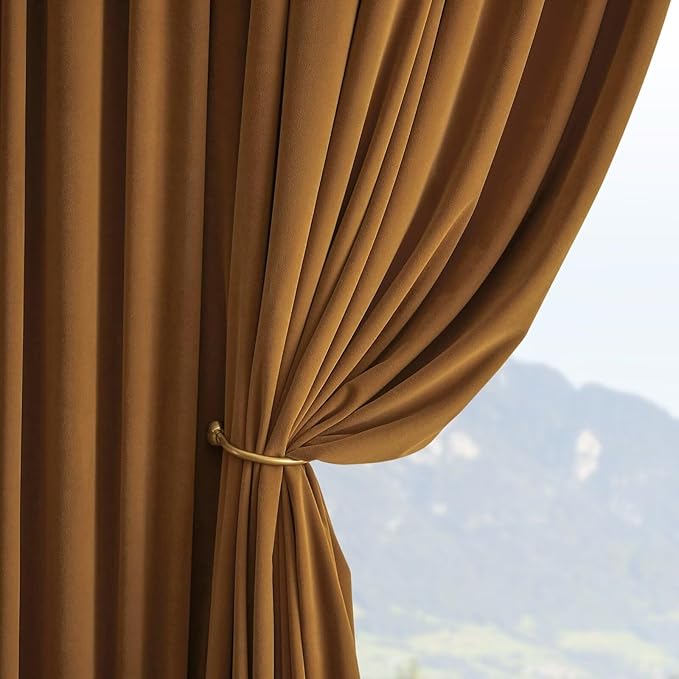 Joydeco Camel Brown Velvet Curtains 63 inch Length 2 Panels, Luxury Blackout Rod Pocket Thermal Insulated Window Curtains, Super Soft Room Darkening Drapes for Living Room Bedroom,W52 x L63 inches