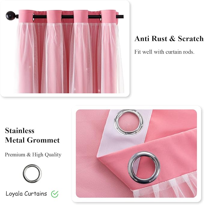 Star Curtains Blackout Curtains for Bedroom, Double Layer Curtains Nursery Curtains Cute Curtains, Kids Curtains for Girls, Curtains 63 Inch Length 2 Panels, Pink Curtains, 52 X 63 Inches