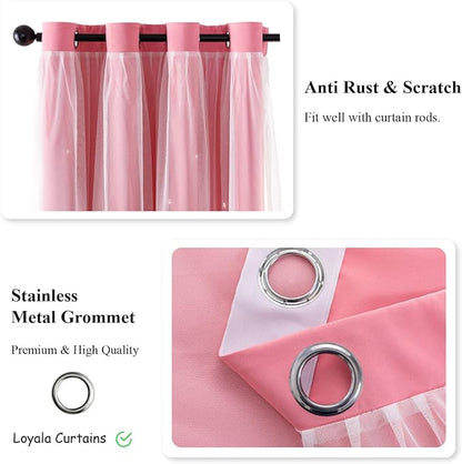 Star Curtains Blackout Curtains for Bedroom, Double Layer Curtains Nursery Curtains Cute Curtains, Kids Curtains for Girls, Curtains 108 Inches Long Set of 2, Pink Curtains, 52 X 108 Inches