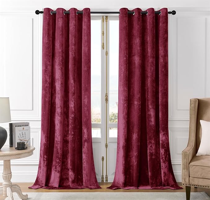 SMILETIME Burgundy Red Crushed Velvet Curtains 52x108 inch Luxurious Thermal Insulated Soundproof Drapes for Living Room Bedroom Office Soft and Durable Light-Filtering Window Treatments, 2 Panels