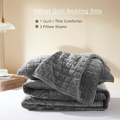 LEAONME Velvet Quilt Oversized California King-120''x120'', Lightweight Grey Velvet Comforter Set with 2 Pillow Shams, Oversized Bedspread Coverlet Quilted Bedding Set for All Season