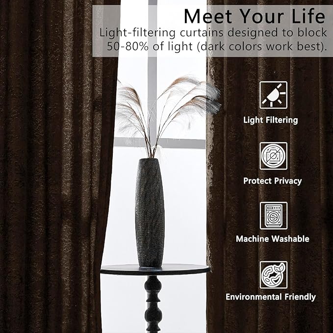 SMILETIME Chocolate Crushed Velvet Curtains 52x90 inch Luxurious Thermal Insulated Soundproof Drapes for Living Room Bedroom Office Soft and Durable Light-Filtering Window Treatments, 2 Panels