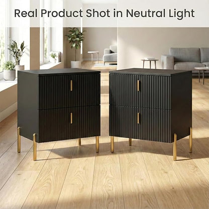 Luxury Fluted Night Stand Set of 2, Nightstand with 2 Drawers, Modern Bedside Table with Golden Legs and Handles, End Tables for Living Room Bedroom, Black