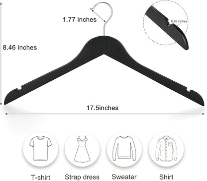 TOPIA HANGER Wooden Hangers 30 Pack, 0.28-inch Slim & Durable Clothes Hangers Space Saving, Black Wood Hanger with 360°Swivel Hook and Non-Slip Shoulder Notches for Coat,Shirts, Camisoles, CT51B