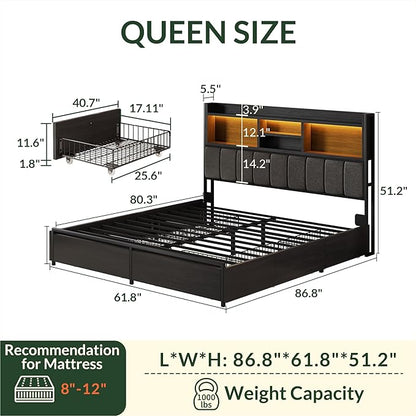 LARMACE Queen Bed Frame with 6 Storage Drawers, Bed Frame Queen Size with Linen Upholstered Headboard, Built in Charging Station and LED, No Noise, Metal Support, No Box Spring Needed,Vintage Black