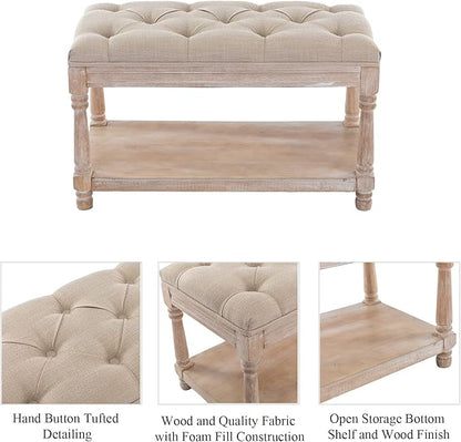 DUOMAY Farmhouse Tufted Storage Ottoman Bench with Shelf, 31.5" Width Linen Upholstered Entryway Shoe Ottoman Foot Stool for Bedroom Living Room Dining Room, Beige