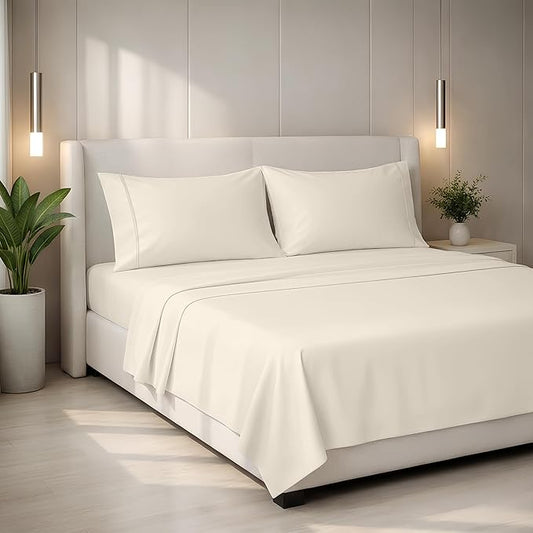 Mayfair Linen 100% Egyptian Cotton King Sheets Set - 2000 Series Luxury Sheets King Size Bed Set, Silky Soft & Cooling, Sateen Weave 17" Extra Deep Pocket Hotel Collection Sheet (4 Pc, Ivory)