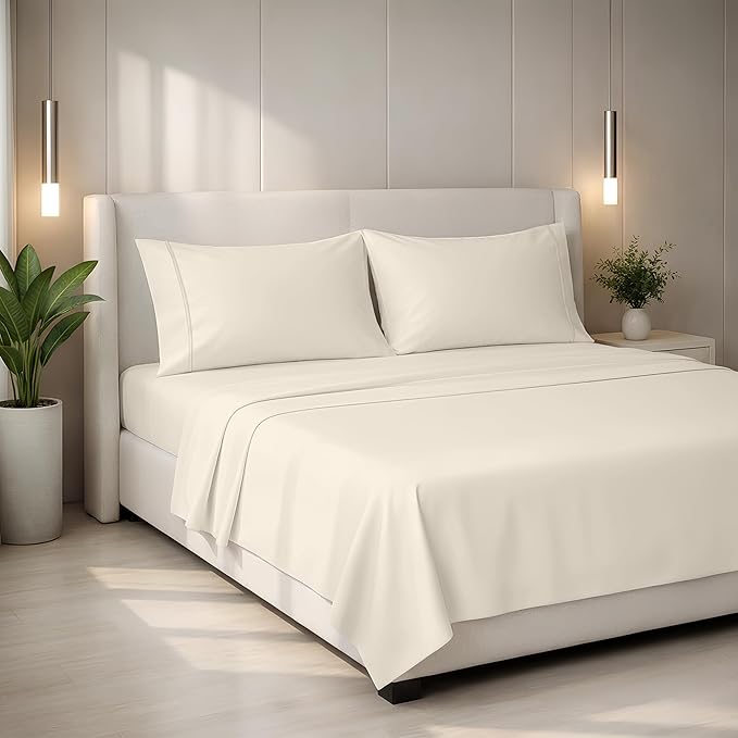 Mayfair Linen 100% Egyptian Cotton Queen Sheets Set - 2000 Series Luxury Sheets Queen Size Bed Set, Soft & Cooling, Sateen Weave 17" Extra Deep Pocket Hotel Collection Sheet (4 Pc, Ivory)
