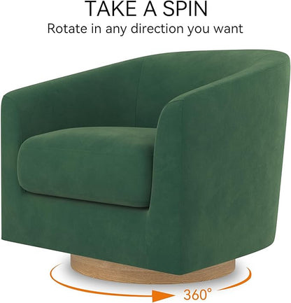 Swivel Barrel Accent Chair with Solid Wood Base, Round Velvet Living Room Arm Chairs, Modern Upholstered Comfty Reading Nook Chairs for Bedroom, Club Armchair, Single Sofa Side Chair, Green