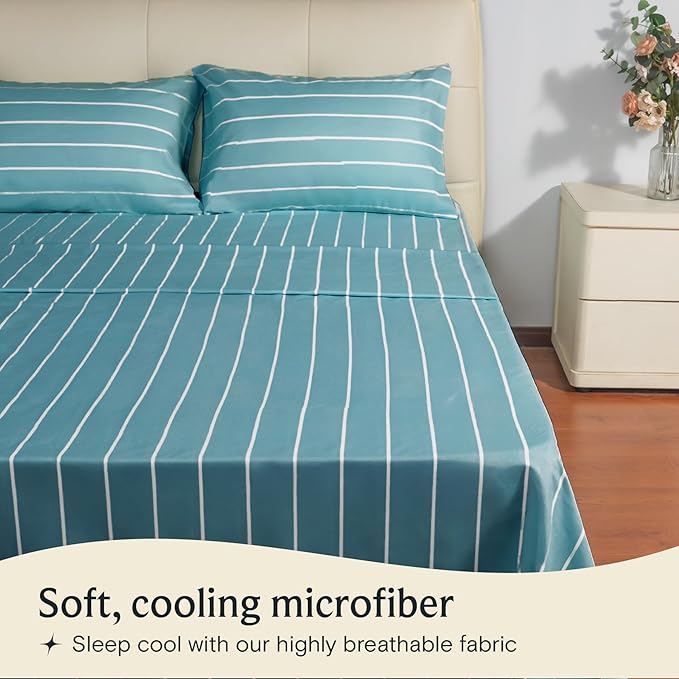 LuxClub 4 PC King Sheet Set, Deep Pockets Wrinkle Free Cooling Bed Sheets Hotel Bedding for Women, Men, Includes 1 Fitted Sheet, 1 Flat Sheet and 2 Pillowcases-Striped - Light Blue