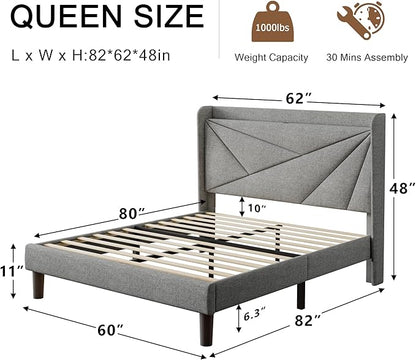 Queen Size Upholstered Bed Frame with Charging Station, Platform Bed Frame with Storage Headboard, Solid Wood Slats Support, No Box Spring Needed, Light Gray