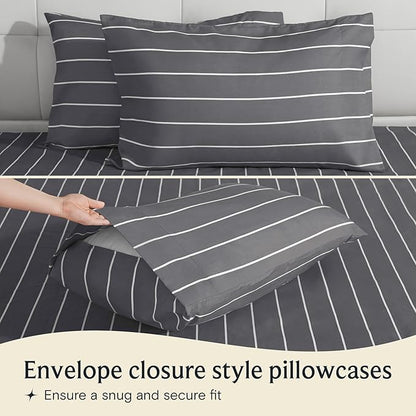 LuxClub 4 PC King Sheet Set, Deep Pockets Wrinkle Free Cooling Bed Sheets Hotel Bedding for Women, Men, Includes 1 Fitted Sheet, 1 Flat Sheet and 2 Pillowcases-Striped - Light Grey