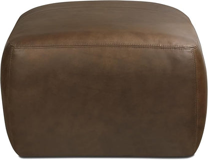 Poly & BARK Denver Ottoman – 43" Large Pouf with Feather-Down Topper – Full-Grain Leather Upholstered Pouf Ottoman for Living Room – Vintage Italian Leather in Cocoa Brown