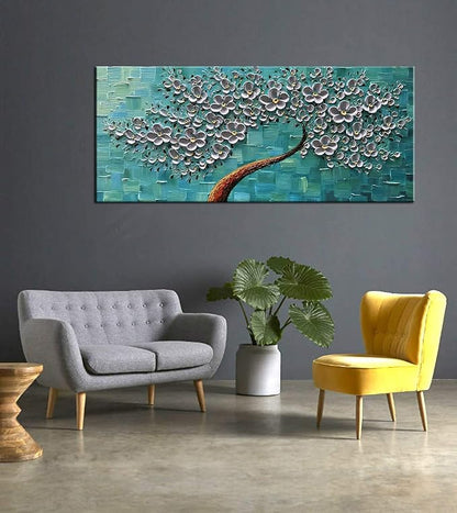 YaSheng Art - 24x60inch Large Wall Art Flowers Oil Painting On Canvas Texture Palette Knife 3D Silver Flowers Tree Paintings Abstract Artwork Canvas Wall Art Home Living Room Decor Painting