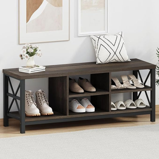 FATORRI Shoe Bench Entryway with Storage, Industrial Wood and Metal Hallway Benches with Adjustable Shelves, Rustic Entry Way Bench for Living Room (47.24 Inch Long, Walnut Brown)