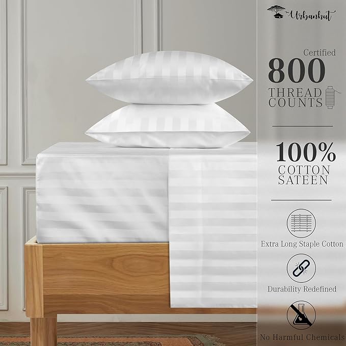 URBANHUT 800 Thread Count 100% Cotton Damask Queen Size Sheets, 4 Piece Striped Queen Size Bedsheets, Luxury Hotel Sheets Sateen Weave - Better Than Egyptian, 16" Elasticized Deep Pocket- White