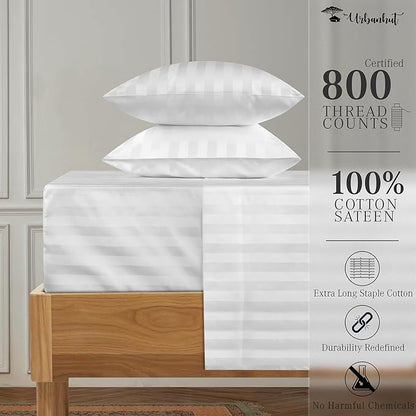 URBANHUT 800 Thread Count 100% Cotton Damask Queen Size Sheets, 4 Piece Striped Queen Size Bedsheets, Luxury Hotel Sheets Sateen Weave - Better Than Egyptian, 16" Elasticized Deep Pocket- White