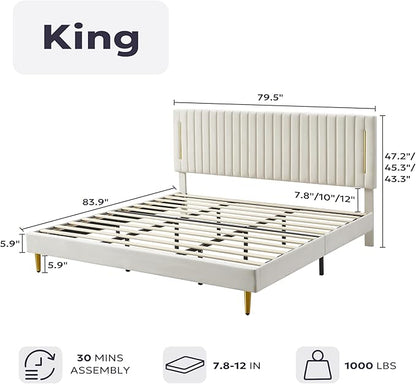 King Platform Bed Frame, Velvet Upholstered Bedframe with Vertical Channel Adjustable Headboard, Golden Plating Trim, Mattress Foundation with Wooden Slats, No Box Spring Needed, Beige