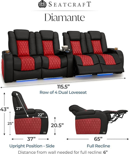 Seatcraft Diamante Zero-Gravity CoolZero Italian Leather Home Theater Seating, Power Headrest, Power Recline, Row of 4 Left Loveseat, Black/Red