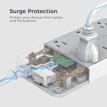 Power Strip Surge Protector 10 FT, TESSAN Flat Plug Extension Cord with 8 Outlets 3 USB Ports(1 USB C), 1080Joules Wall Mountable Multi Port Charging Station for Home Office Dorm Room Essentials