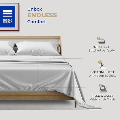 THREAD SPREAD King Size Cotton Sheets Set - 400 Thread Count 4 PC 100% Egyptian Cotton Sheets for King Bed, Deep Pocket King Size Cotton Sheets Set Hot Sleepers, Luxury Hotel Cooling Sheets (Silver)