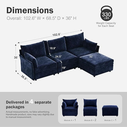 ABCASA 102.6" Modular Sectional Sofa, L Shaped Couch Set for Living Room, 3-Seater Comfy Cloud Couches with Movable Storage Ottoman,DIY Combination - Chenille Blue