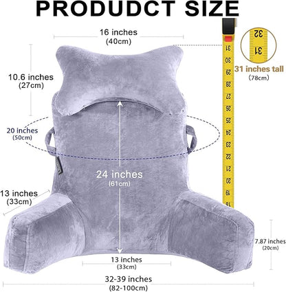 Reading Pillow-Extra Large 31" Bed Rest Pillow with Detachable Neck Roll & Arms for Sitting in Bed or Couch-Backrest Reading Pillow Adult Back Pillows for Reading/Watching TV/Gaming/Relaxing-Grey