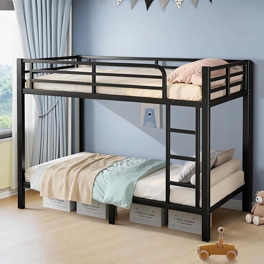 Twin Over Twin Bunk Bed Frame, Heavy Duty Metal Loft Bed for Adults/Teens, 250/400LB Capacity w/Ladder & Guardrail, Noise-Free Steel Slats, No Box Spring Required, Black