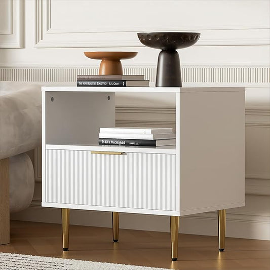White Nightstand with Drawer, End Table with Storage, Bed Side Table with Open Space for Bedroom, Modern Nightstand with Golden Handle, Side Night Stand for Bedroom, Living Room, White