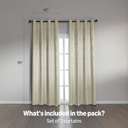 Amazon Basics Jacquard 2-Piece 100% Blackout Curtains, Living Room and Bedroom Drapes, Thermal Insulated Window Treatment, 42"x95", Beige